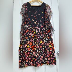 Elie Tahari Black Floral Girls Dress with Pink, Red, Yellow and Cream Pansies